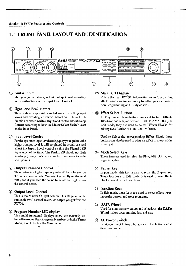 1 front panel layout and identification, 0 guitar input, 0 signal and peak meters | 0 input level control, Output presence control, Output level control, Program number led display, 0 main lcd display, Effect select buttons, Mode select keys | Yamaha FX770 User Manual | Page 7 / 231