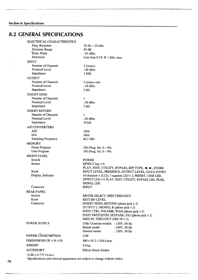 2 general specifications, 2 specifications | Yamaha FX770 User Manual | Page 73 / 231