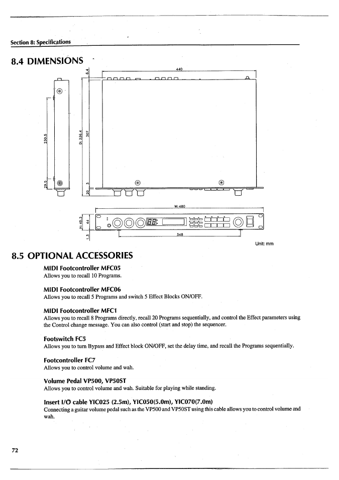 4 dimensions, 5 optional accessories, Midi footcontroller mfc05 | Midi footcontroller mfc06, Midi footcontroller mfc1, Footswitch fc5, Footcontroller fc7, Volume pedal vp500, vp50st, 4 dimensions 8.5 optional accessories | Yamaha FX770 User Manual | Page 75 / 231