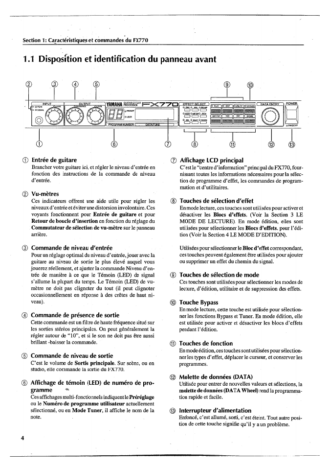 1 disposition et identification du panneau avant, Entrée de guitare, Vu-mètres | 3) commande de niveau d'entrée, Commande de présence de sortie, Commande de niveau de sortie, Affichage de témoin (led) de numéro de programme, Affichage lcd principal, 8) touches de sélection d'effet, 9) touches de sélection de mode | Yamaha FX770 User Manual | Page 83 / 231