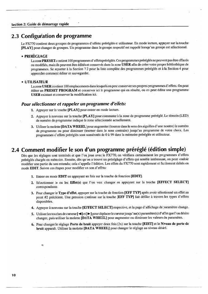 3 configuration de programme, Prereglage, Utilisateur | Yamaha FX770 User Manual | Page 89 / 231
