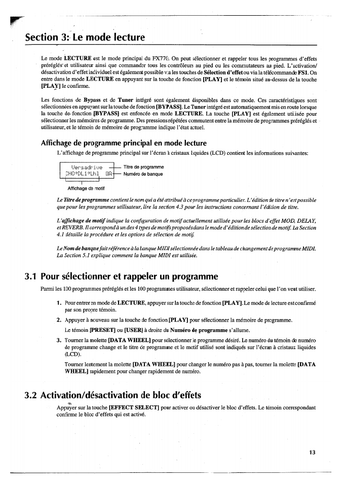 Section 3: le mode lecture, Affichage de programme principal en mode lecture, 1 pour sélectionner et rappeler un programme | 2 activation/désactivation de bloc d'effets | Yamaha FX770 User Manual | Page 92 / 231