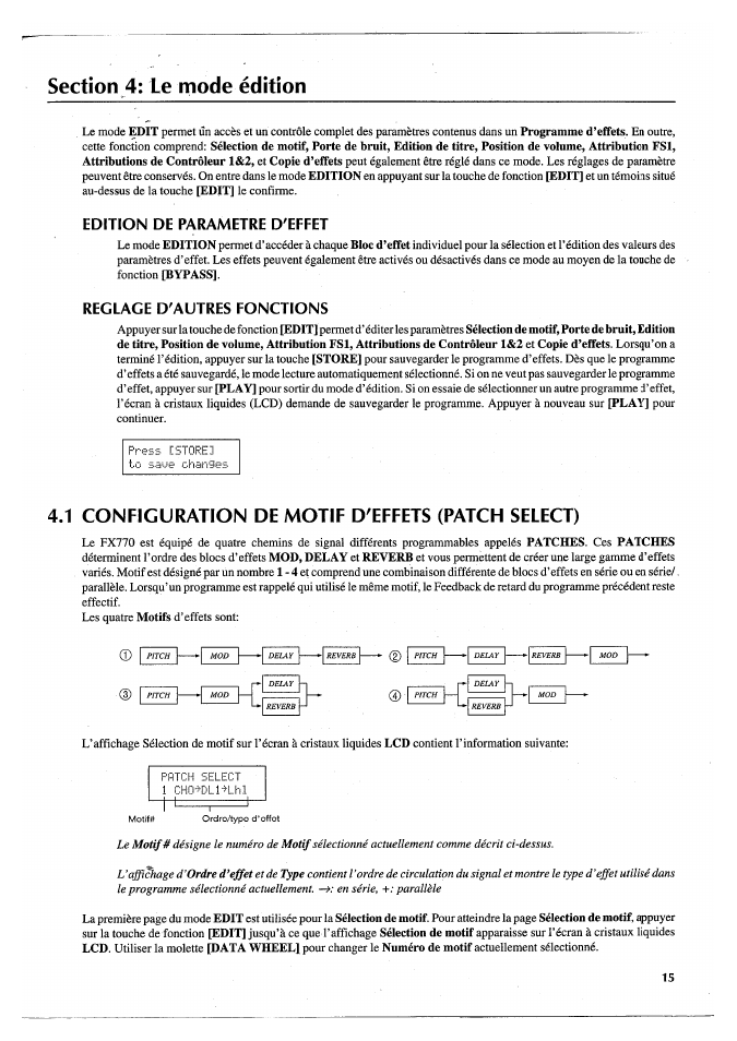 Section 4: le mode édition, Edition de parametre d'effet, Reglage d'autres fonctions | 1 configuration de motif d'effets (patch select) | Yamaha FX770 User Manual | Page 94 / 231