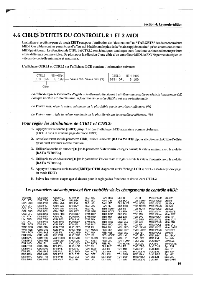 6 cibles d'effets du controleur 1 et 2 midi, Pour régler les attributions de ctrl 1 et ctrl2 | Yamaha FX770 User Manual | Page 98 / 231