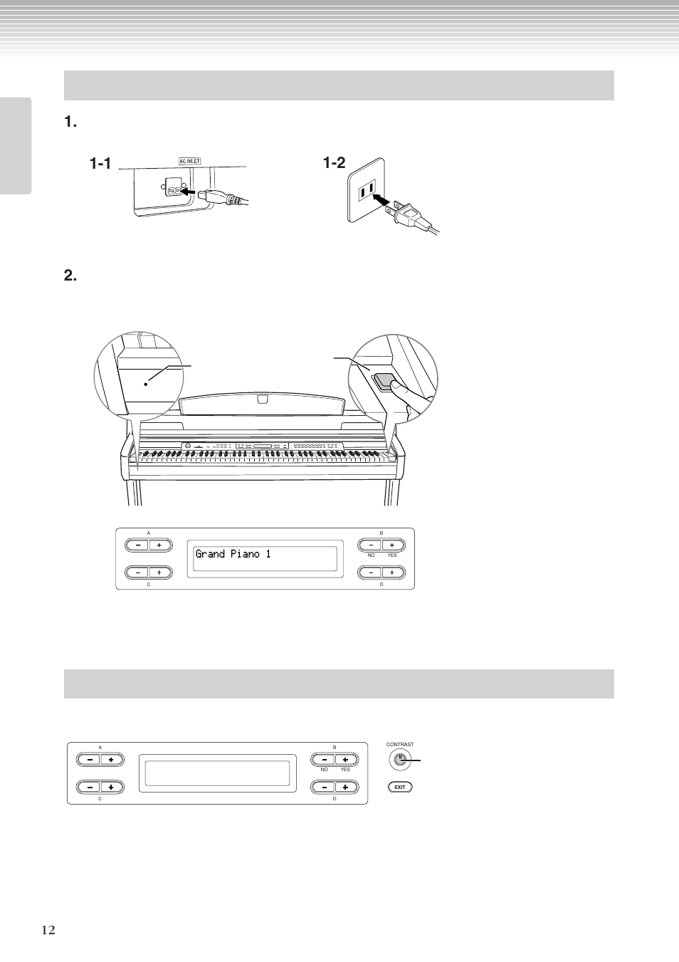 電源を入れる, 画面の明るさを調整する, Grand piano 1 | Yamaha CLP-270 User Manual | Page 12 / 148