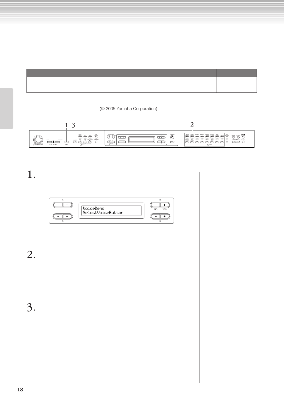 デモ曲を聞く, Voicedemo selectvoicebutton, 2005 yamaha corporation) | Yamaha CLP-270 User Manual | Page 18 / 148