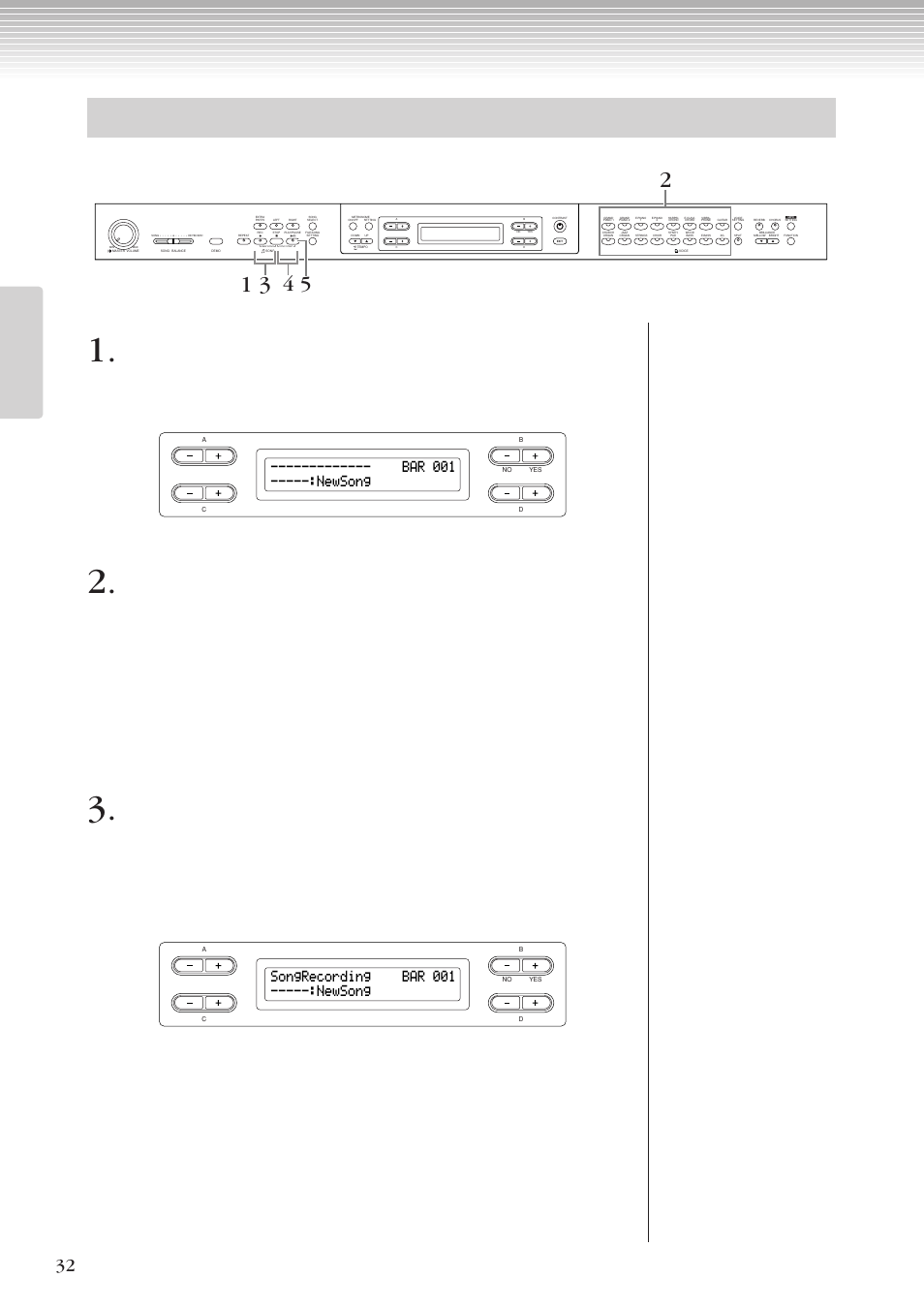 録音パートを指定せずに録音する, Bar 001 -----:newsong, Songrecording bar 001 -----:newsong | Yamaha CLP-270 User Manual | Page 32 / 148