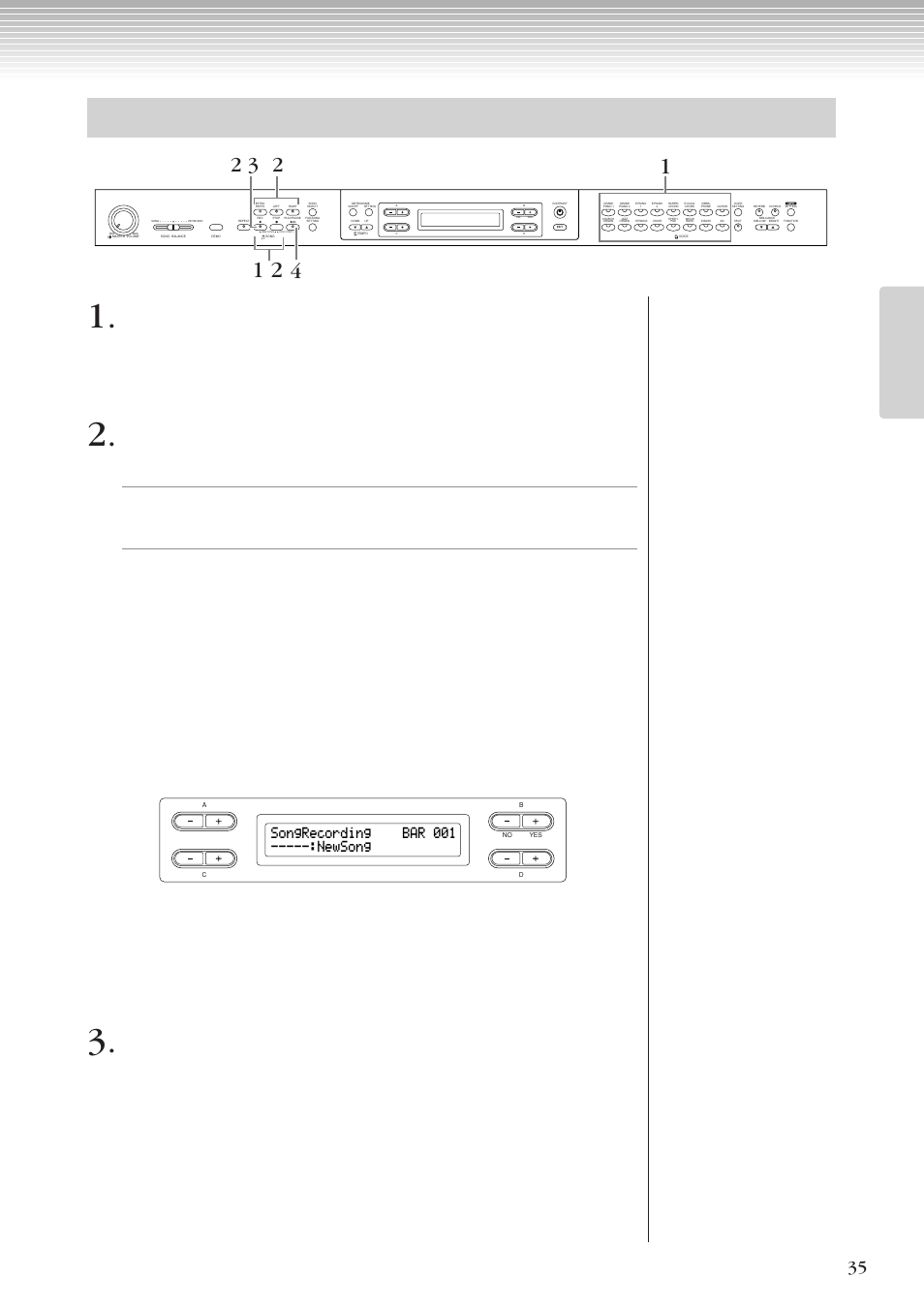 録音パートを指定して多重録音する, Songrecording bar 001 -----:newsong | Yamaha CLP-270 User Manual | Page 35 / 148