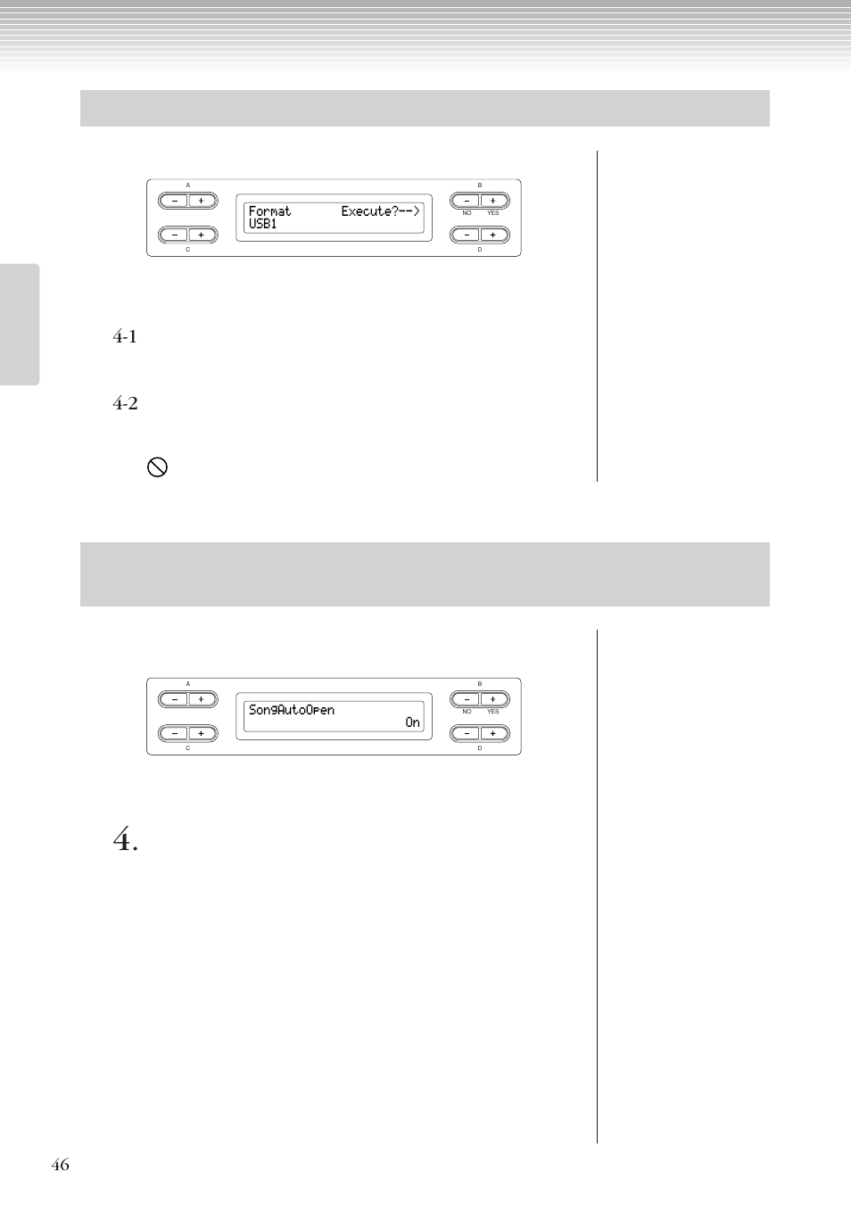 Usb記憶装置をフォーマットする「format (フォーマット), メディアを挿入したとき曲を自動呼び出しする 「songautoopen (ソングオートオープン) | Yamaha CLP-270 User Manual | Page 46 / 148