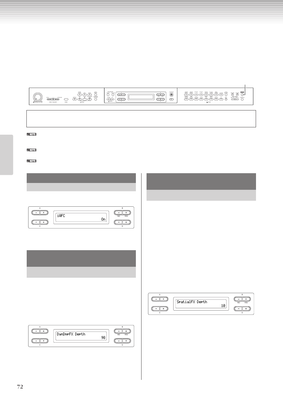 Iafcに関する詳細設定 [iafc setting] (iafcセッティング), Iafc on, Dyndmpfx depth 98 | Spatialfx depth 10, N n n | Yamaha CLP-270 User Manual | Page 72 / 148