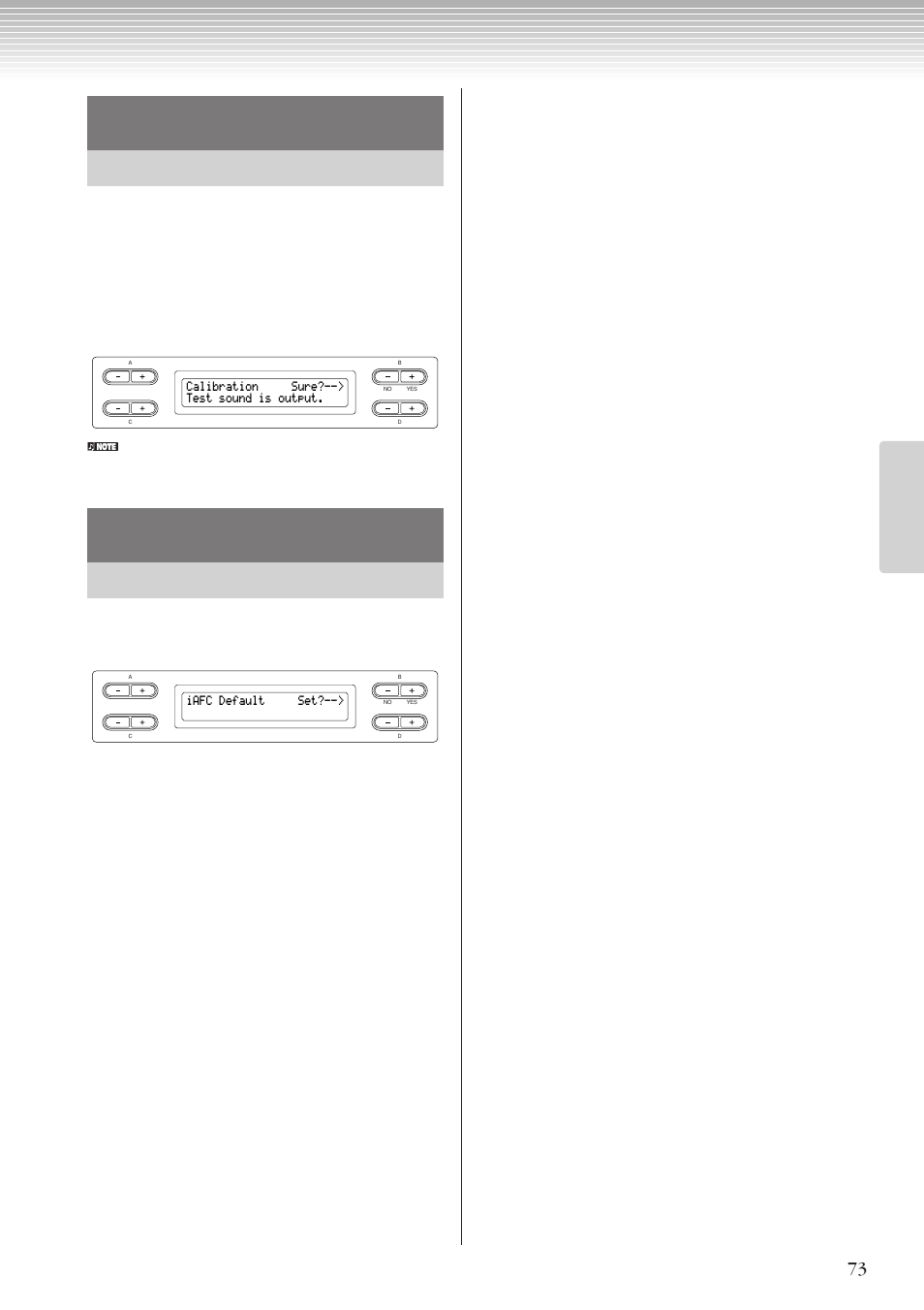 Calibration sure?--> test sound is output, Iafc default set | Yamaha CLP-270 User Manual | Page 73 / 148