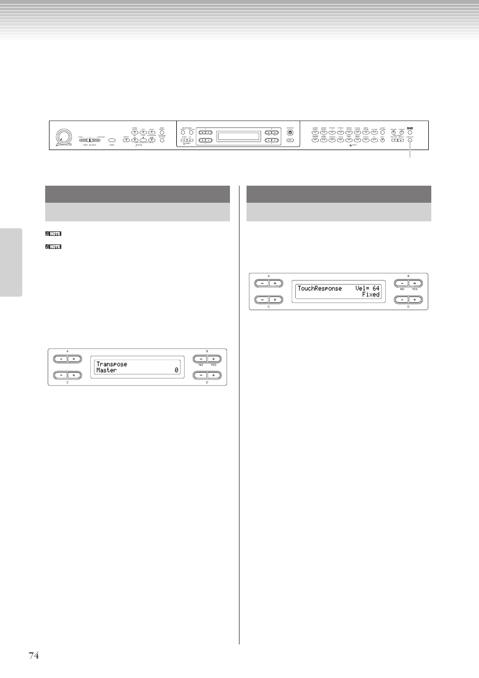 その他の詳細設定 [function] (ファンクション), Transpose master 0, Touchresponse vel= 64 fixed | Yamaha CLP-270 User Manual | Page 74 / 148