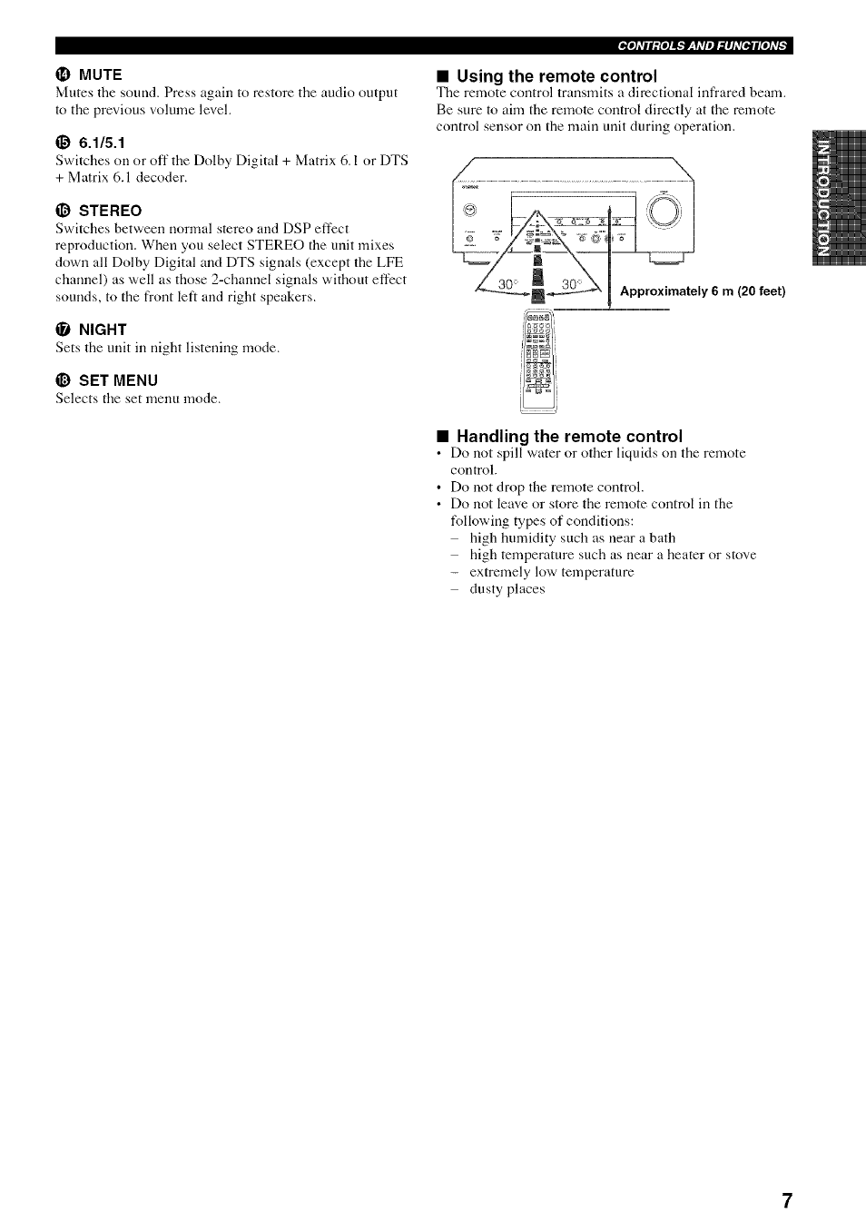 Mute, Stereo, Night | Set menu, Using the remote control, I handling the remote control | Yamaha HTR-5830 User Manual | Page 11 / 67