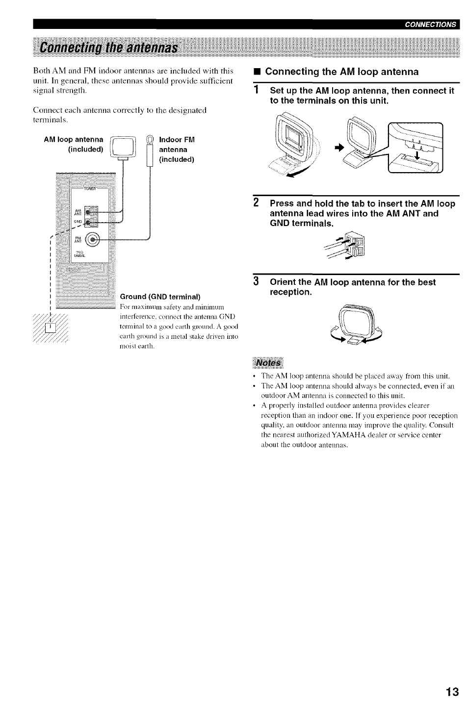 Connecting the am loop antenna, Orient the am loop antenna for the best reception, Notes | Connecting the antennas | Yamaha HTR-5830 User Manual | Page 17 / 67