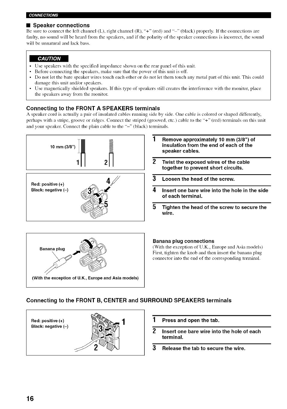 Speaker connections, Connecting to the front a speakers terminals | Yamaha HTR-5830 User Manual | Page 20 / 67