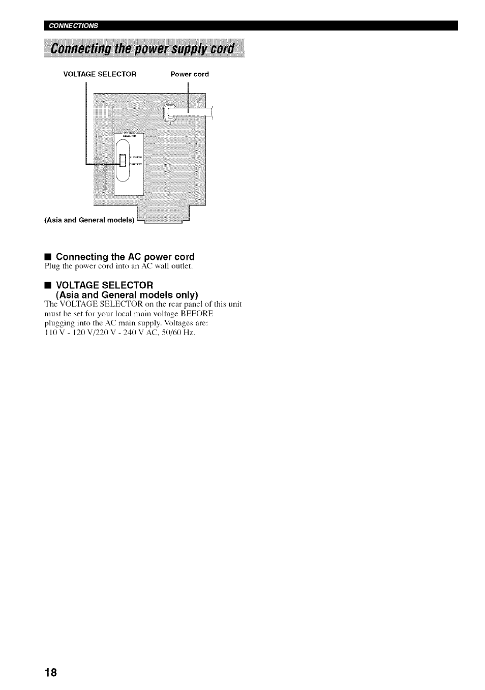 Connecting the ac power cord, Voltage selector, Asia and general models only) | Connecting the power supply cord | Yamaha HTR-5830 User Manual | Page 22 / 67