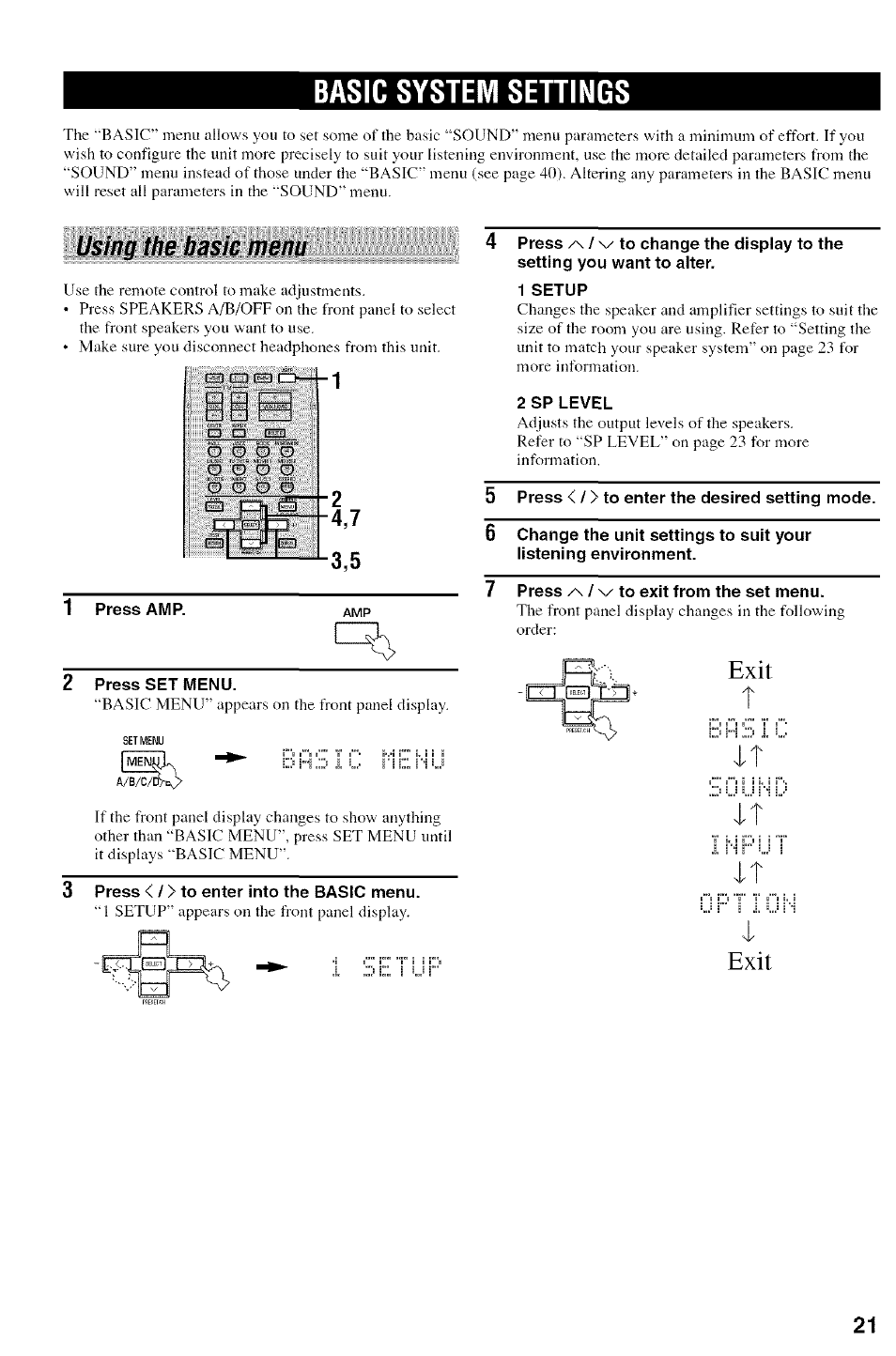 Basic system settings, Using the basic menu, 1 press amp | 2 press set menu, 3 press < / > to enter into the basic menu, 1 setup, 2 sp level, 5 press < / > to enter the desired setting mode, 7 press /\ / \/ to exit from the set menu, Exit | Yamaha HTR-5830 User Manual | Page 25 / 67