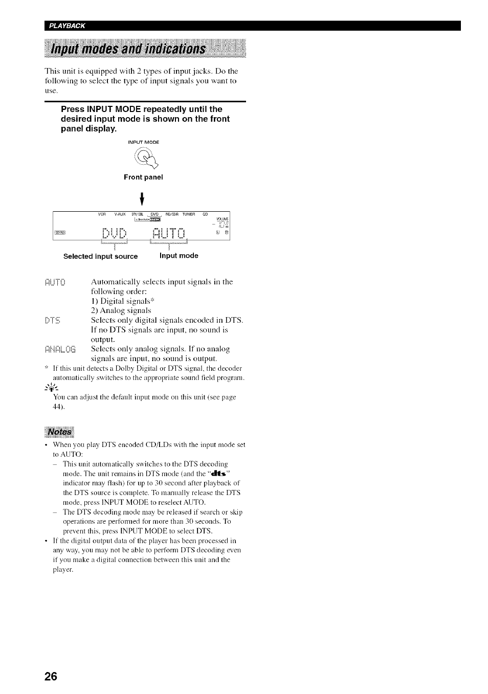 Input modes and indications, Notes, Fiuti | Yamaha HTR-5830 User Manual | Page 30 / 67