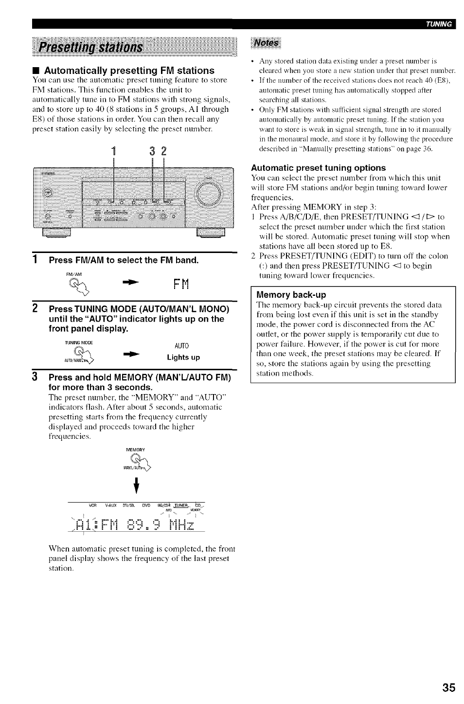 Automatically presetting fm stations, 1 press fm/am to select the fm band, Automatic preset tuning options | Presetting stations | Yamaha HTR-5830 User Manual | Page 39 / 67