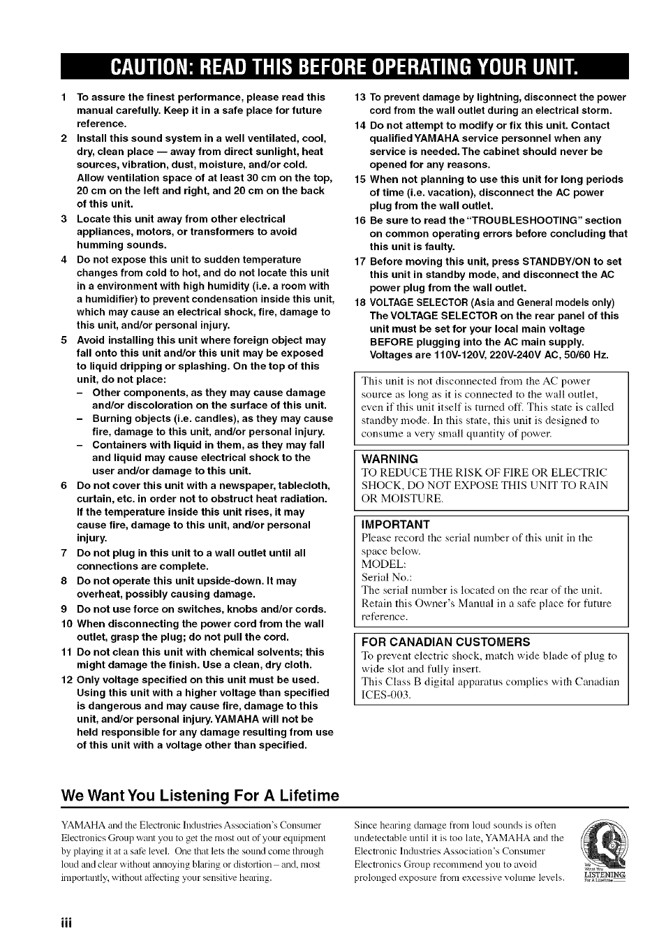 Caution: read this before operating your unit, We want you listening for a lifetime | Yamaha HTR-5830 User Manual | Page 4 / 67