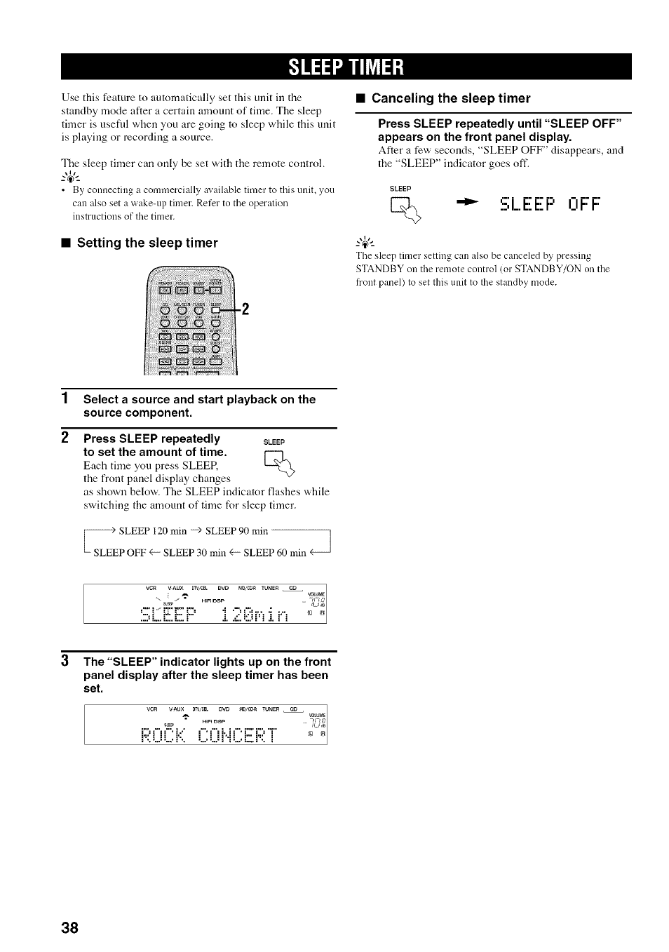 Sleep timer, Setting the sleep timer, Canceling the sleep timer | Sleep timer s | Yamaha HTR-5830 User Manual | Page 42 / 67