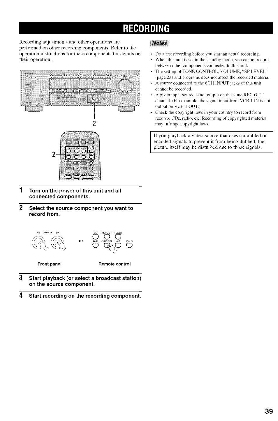 Recording, Notes, 4 start recording on the recording component | Yamaha HTR-5830 User Manual | Page 43 / 67