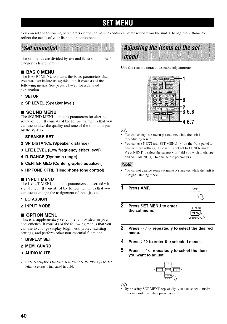 Set menu, Set menu list, Basic menu | 1 setup, 2 sp level (speaker level), Sound menu, 1 speaker set, 2 sp distance (speaker distance), 3 lfe level (low frequency effect level), 4 d. range (dynamic range) | Yamaha HTR-5830 User Manual | Page 44 / 67