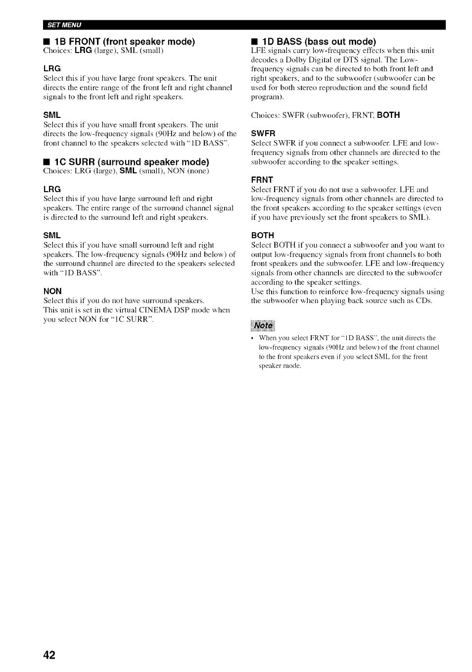 1b front (front speaker mode), 1c surr (surround speaker mode), 1d bass (bass out mode) | Frnt, Both, Note | Yamaha HTR-5830 User Manual | Page 46 / 67