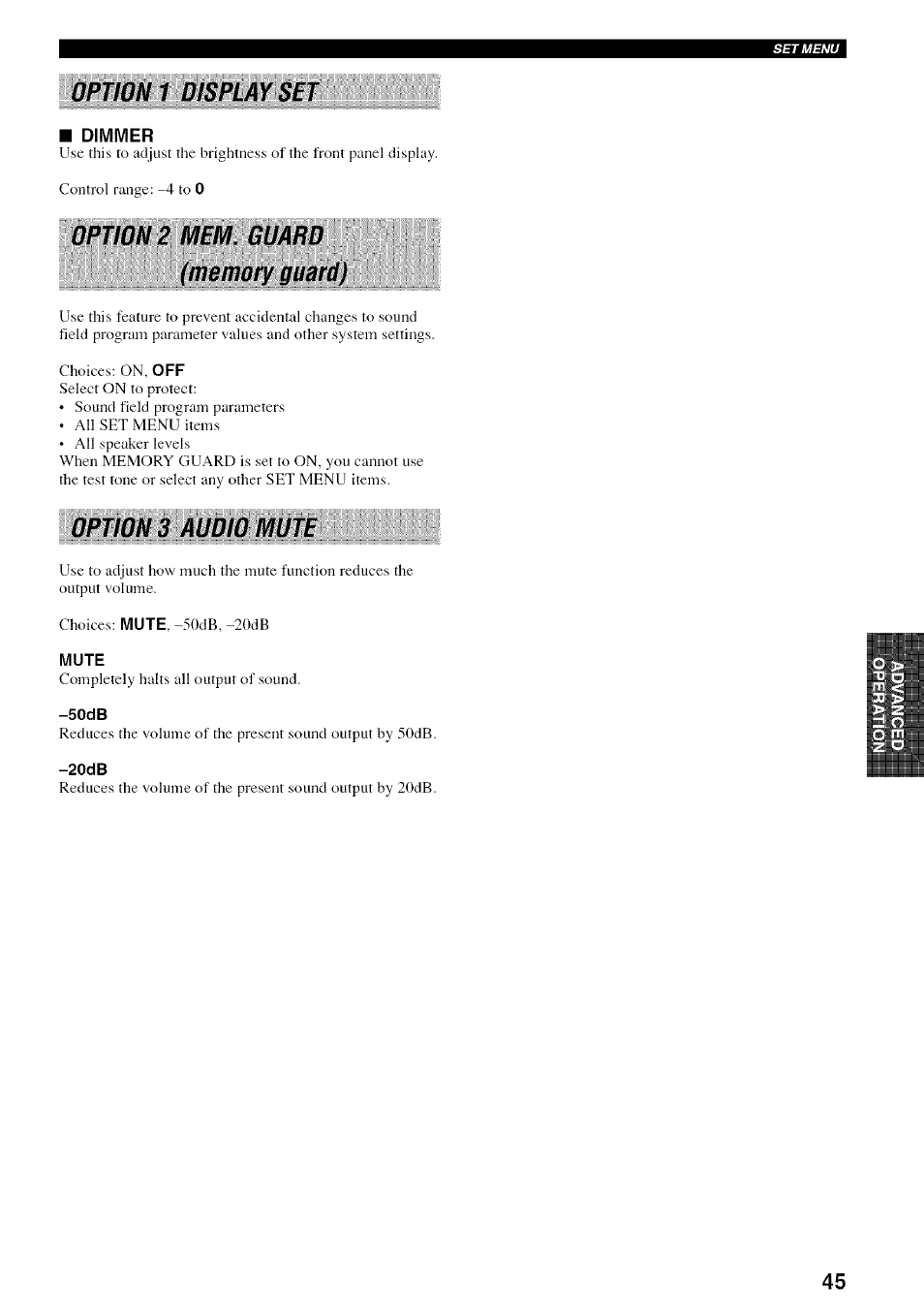 Option 1 display set, Option 2 mem. guard (memory guard), Option 3 audio mute | 50db, 20db, Dimmer | Yamaha HTR-5830 User Manual | Page 49 / 67