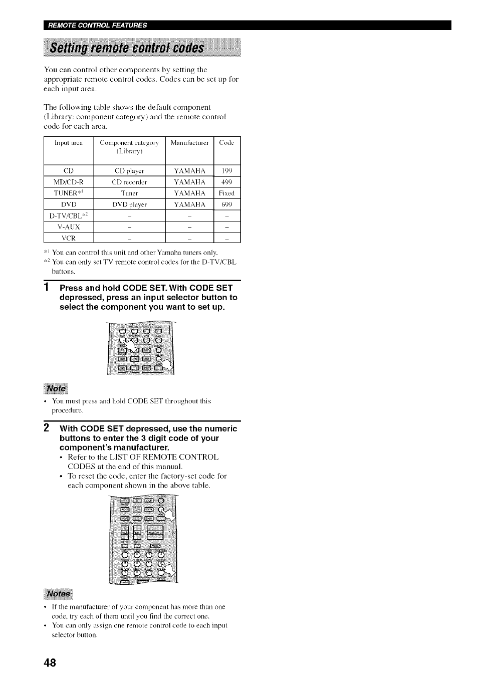 Setting remote control codes, Note, Notes | Yamaha HTR-5830 User Manual | Page 52 / 67