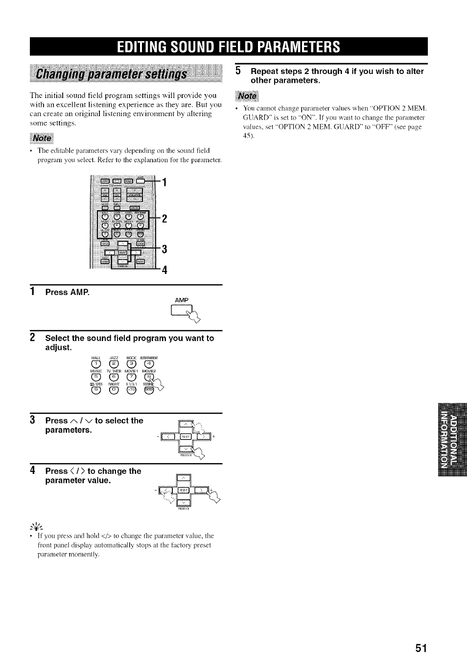 Editing sound field parameters, Changing parameter settings, Note | 1 press amp, 3 press /\ / to select the parameters, Press < / > to change the parameter value | Yamaha HTR-5830 User Manual | Page 55 / 67