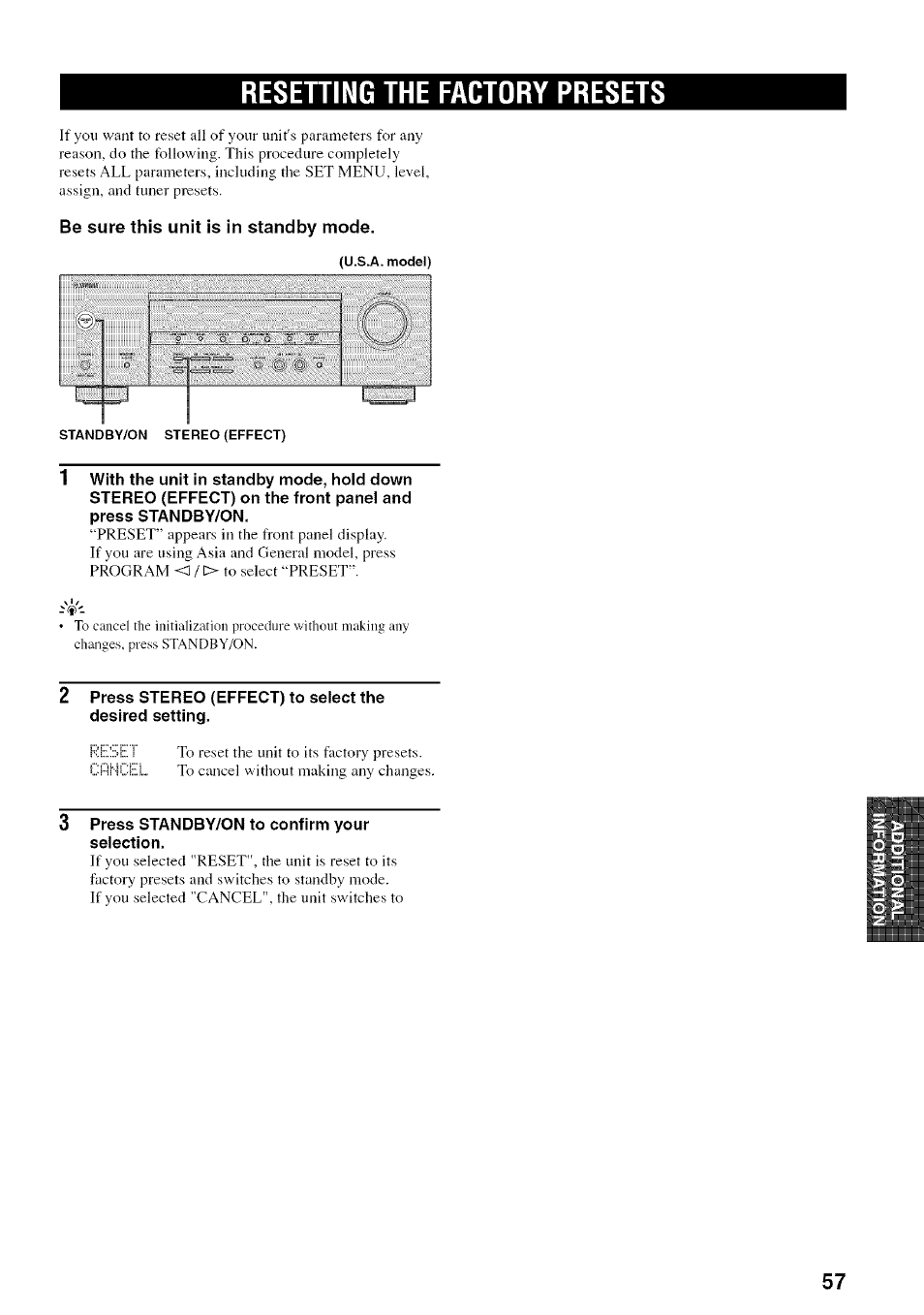 Resetting the factory presets, Press standby/on to confirm your selection | Yamaha HTR-5830 User Manual | Page 61 / 67