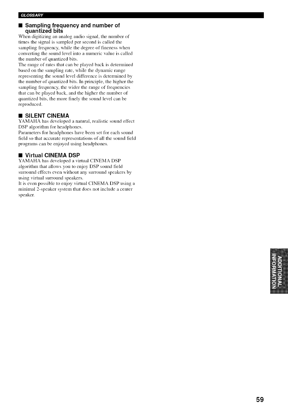 Sampling frequency and number of quantized bits, Silent cinema, Virtual cinema dsp | Yamaha HTR-5830 User Manual | Page 63 / 67