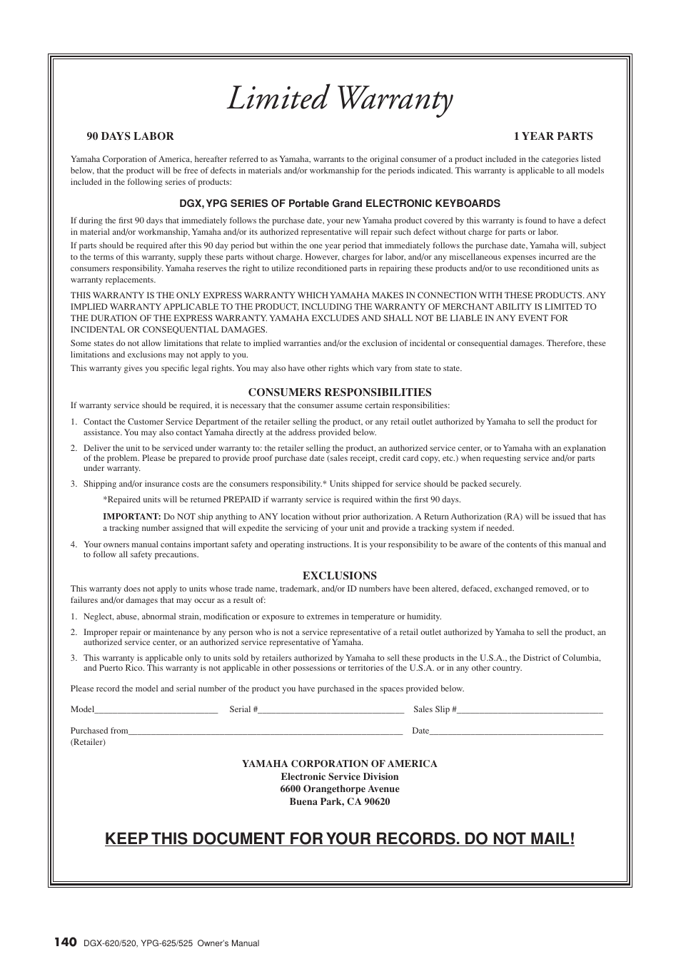 Limited warranty, Keep this document for your records. do not mail | Yamaha EN Keyboard User Manual | Page 140 / 142