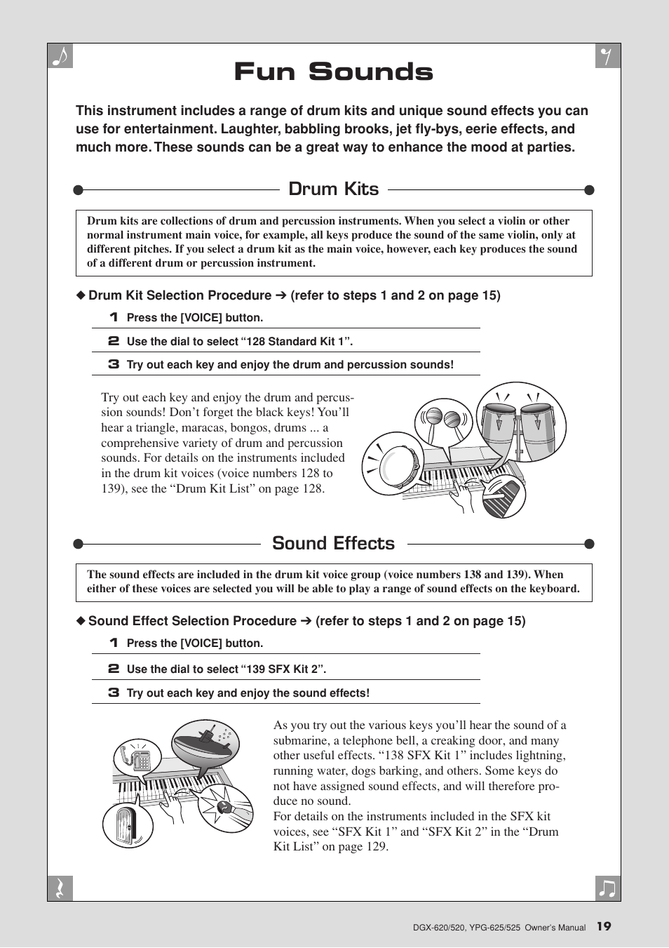 Fun sounds, Drum kits, Sound effects | Drum kits sound effects | Yamaha EN Keyboard User Manual | Page 19 / 142