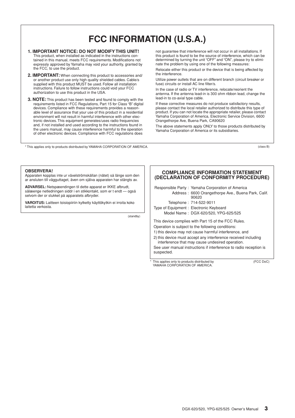 Fcc information (u.s.a.) | Yamaha EN Keyboard User Manual | Page 3 / 142