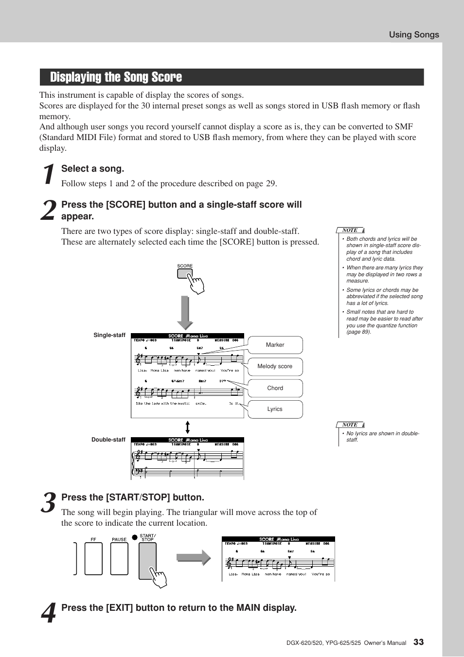 Displaying the song score | Yamaha EN Keyboard User Manual | Page 33 / 142