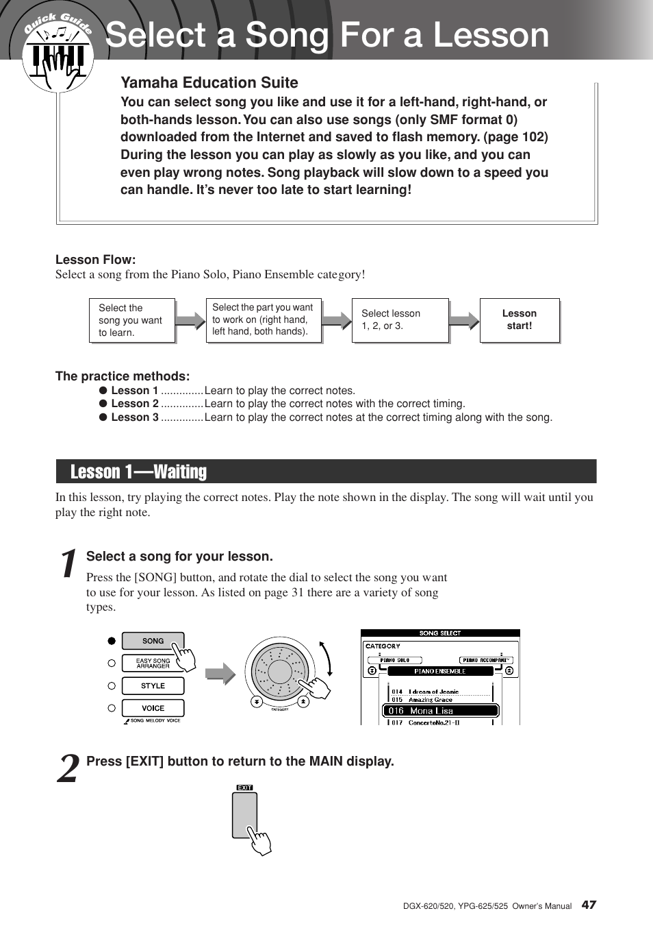 Select a song for a lesson, Lesson 1-waiting, Lesson 1—waiting | Yamaha EN Keyboard User Manual | Page 47 / 142