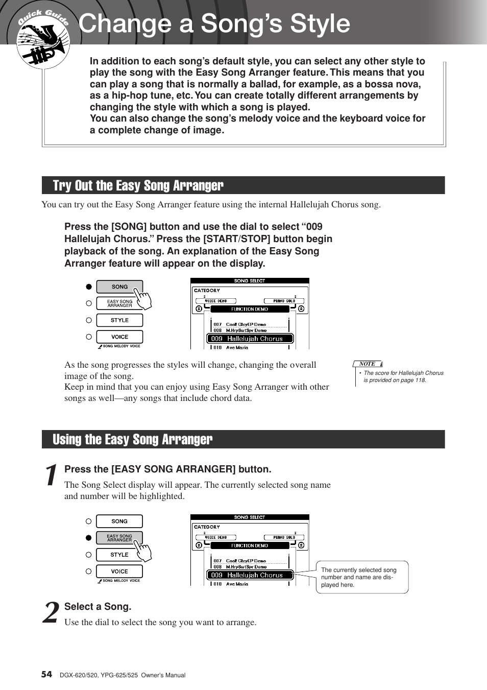 Change a song’s style, Try out the easy song arranger, Using the easy song arranger | Yamaha EN Keyboard User Manual | Page 54 / 142