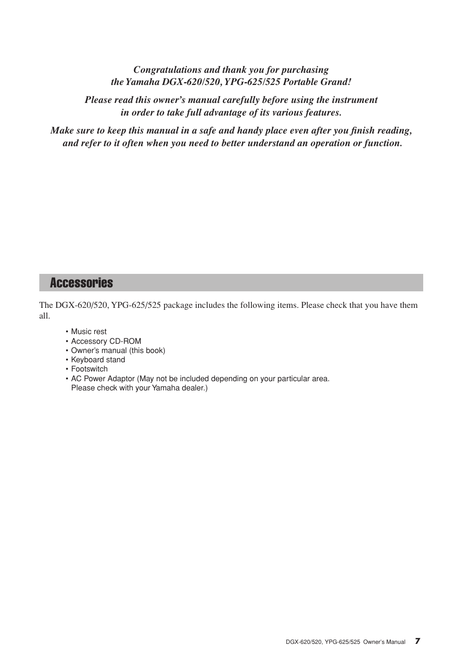 Congratulations, Accessories | Yamaha EN Keyboard User Manual | Page 7 / 142