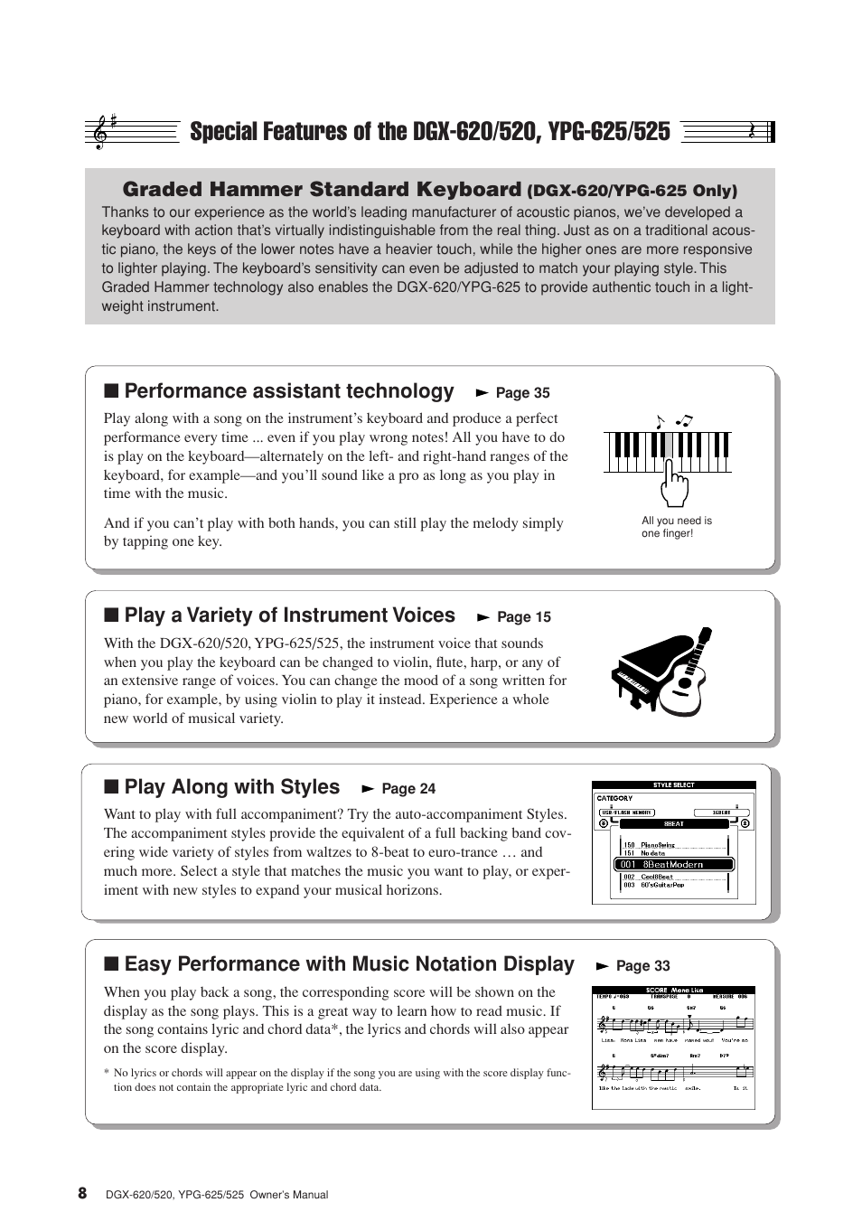 Special features of the dgx-620/520, ypg-625/525, Graded hammer standard keyboard, Performance assistant technology | Play a variety of instrument voices, Play along with styles, Easy performance with music notation display | Yamaha EN Keyboard User Manual | Page 8 / 142