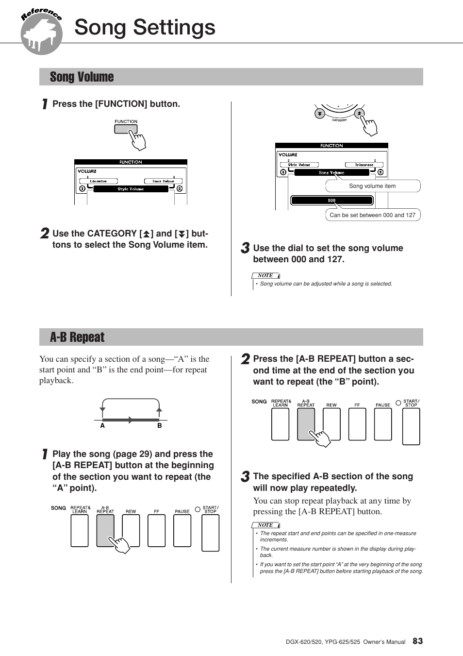 Song settings, Song volume, A-b repeat | Song volume a-b repeat | Yamaha EN Keyboard User Manual | Page 83 / 142