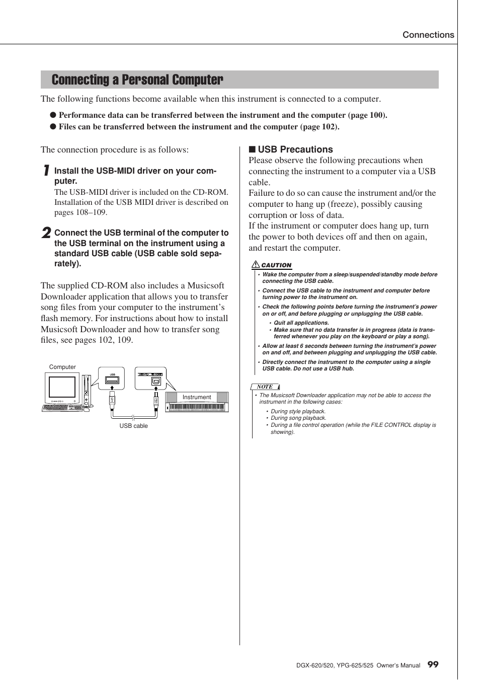 Connecting a personal computer, The connection procedure is as follows | Yamaha EN Keyboard User Manual | Page 99 / 142