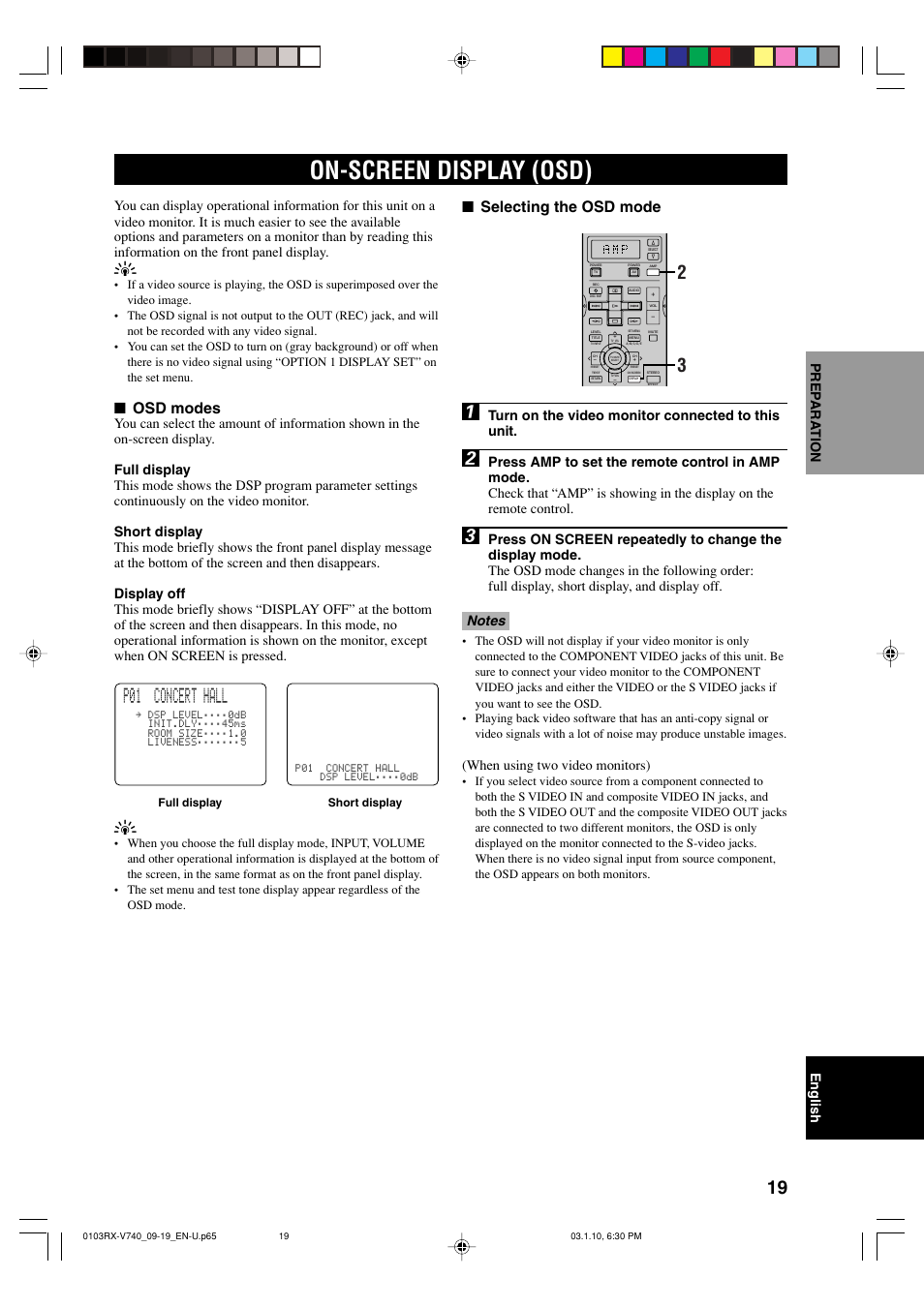 On-screen display (osd), P01 concert hall, Osd modes | Selecting the osd mode, English prep ara tion, Turn on the video monitor connected to this unit, When using two video monitors) | Yamaha AV Receiver User Manual | Page 23 / 71