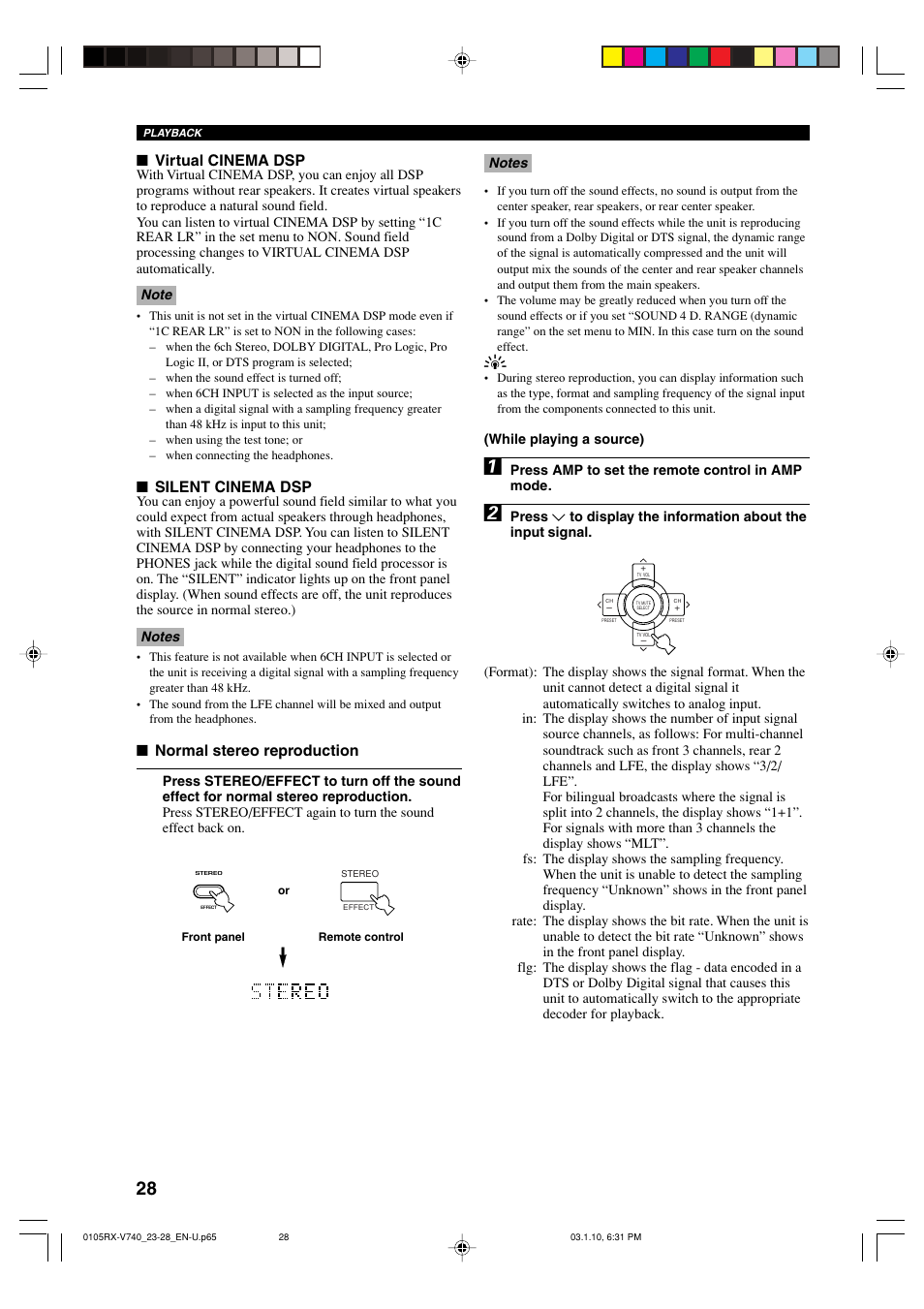 Virtual cinema dsp, Silent cinema dsp, Normal stereo reproduction | Yamaha AV Receiver User Manual | Page 32 / 71