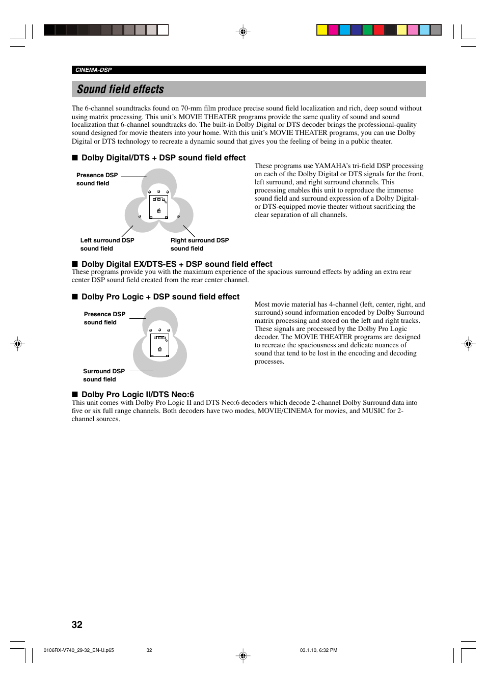 Sound field effects | Yamaha AV Receiver User Manual | Page 36 / 71