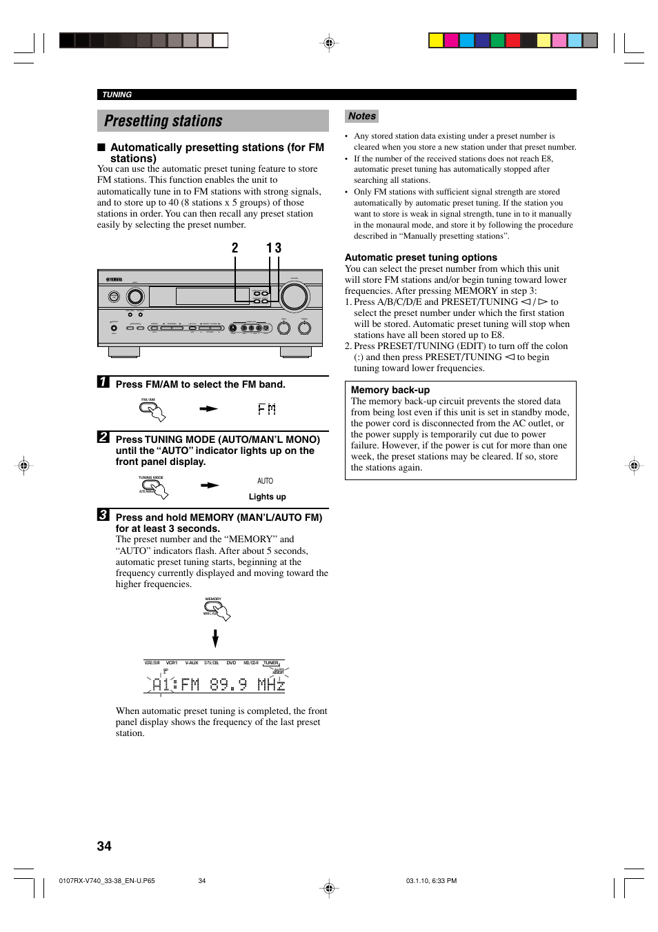 Presetting stations, A1: fm 89.9 mhz | Yamaha AV Receiver User Manual | Page 38 / 71