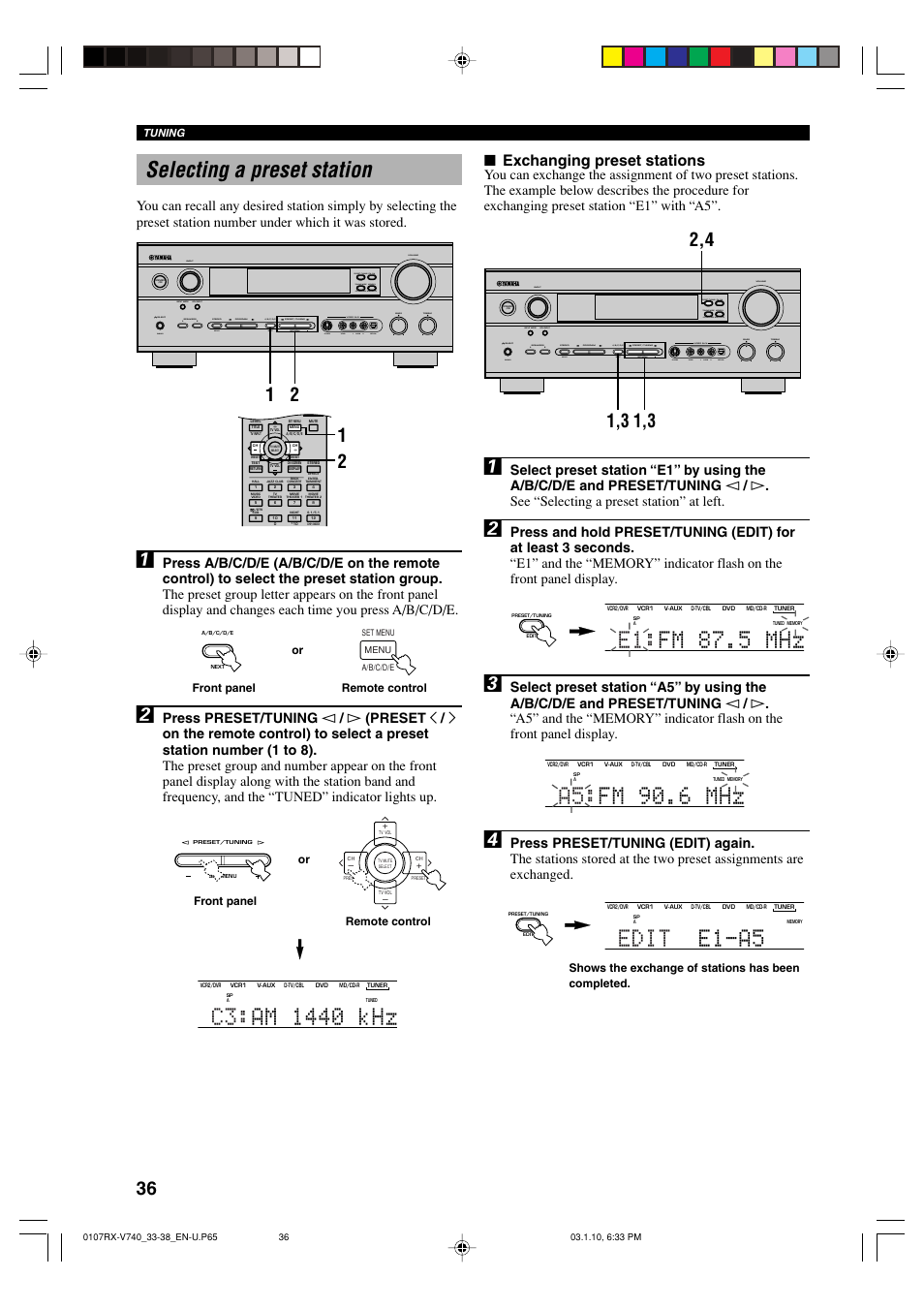 Selecting a preset station, E1: fm 87.5 mhz, Edit e1-a5 | A5: fm 90.6 mhz, Exchanging preset stations, Set menu next | Yamaha AV Receiver User Manual | Page 40 / 71