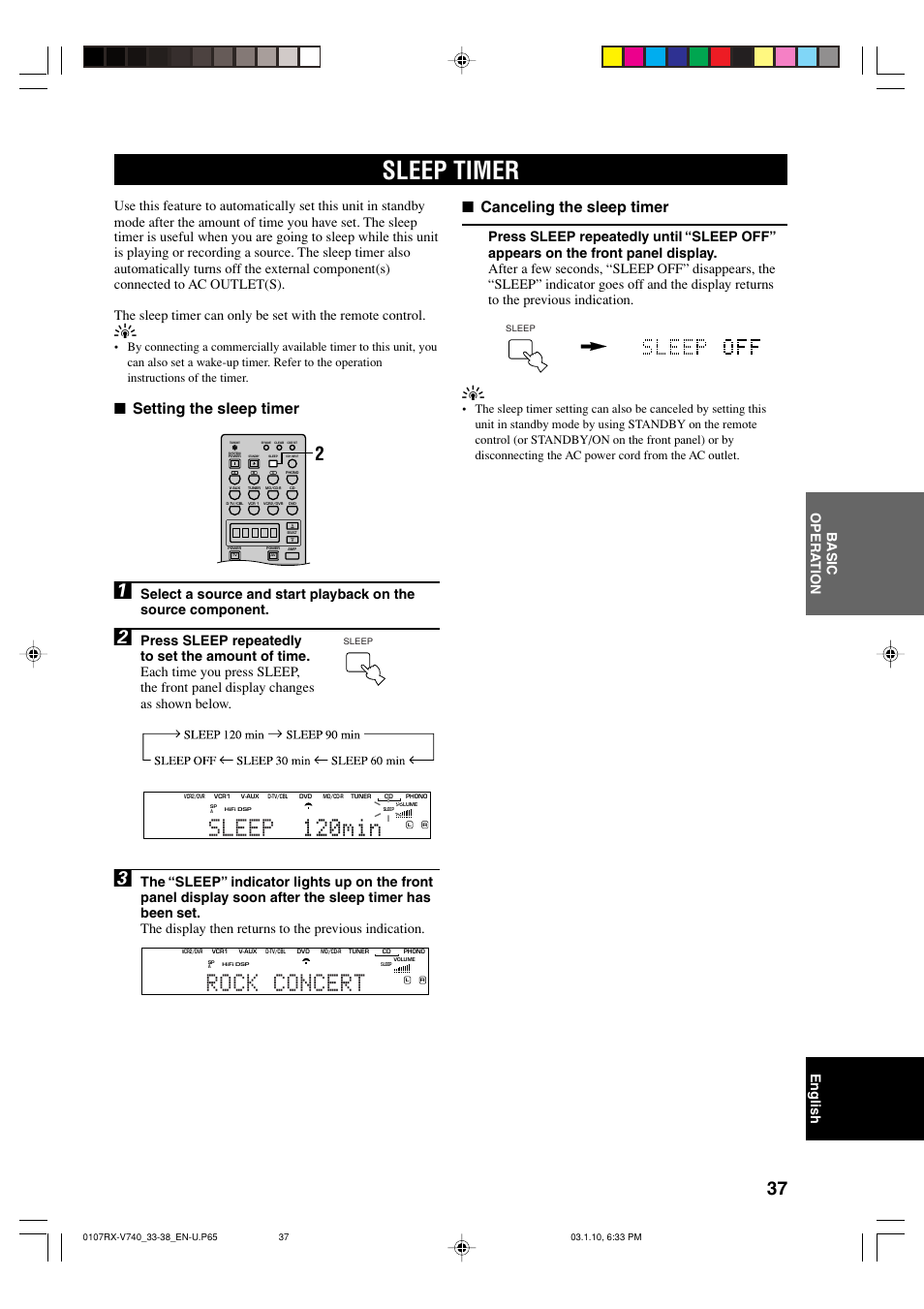 Sleep timer, Sleep 120min, Rock concert | Setting the sleep timer, Canceling the sleep timer, English b asic opera tion | Yamaha AV Receiver User Manual | Page 41 / 71
