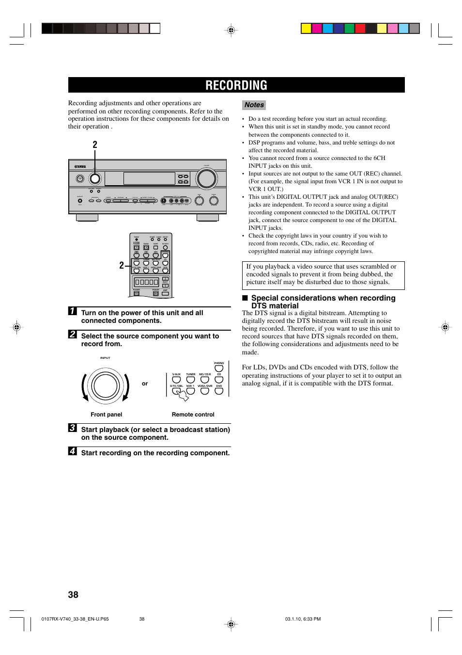 Recording, Special considerations when recording dts material, Start recording on the recording component | Set menu next | Yamaha AV Receiver User Manual | Page 42 / 71